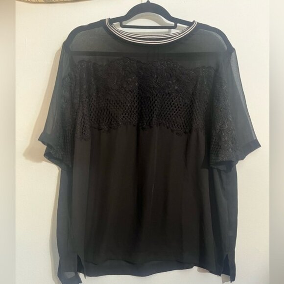 Lane Bryant Black sheer top with black laces roses and athletic striped collar - Picture 2 of 6